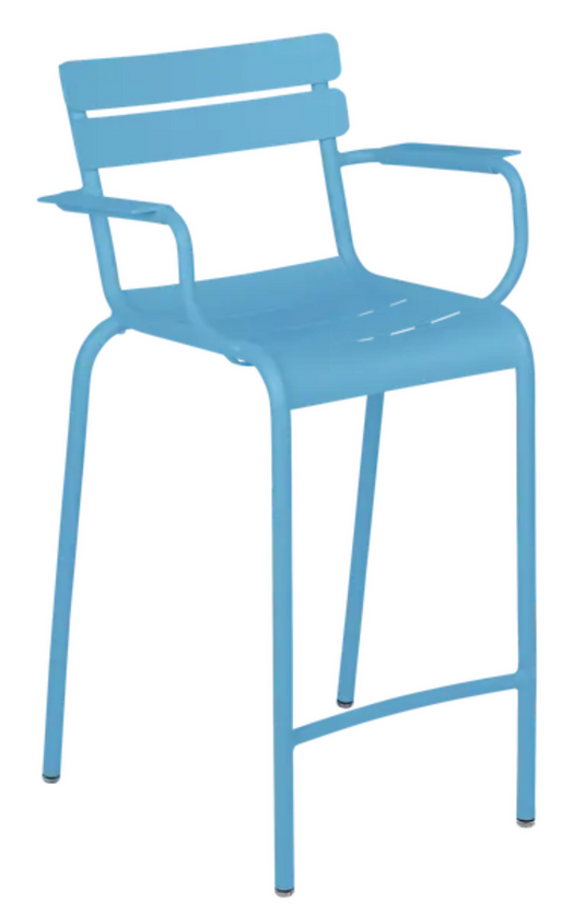 Maya blue Fermob Luxembourg high bar armchair with a high back and armrests, stylish outdoor seating for cafes or patios.