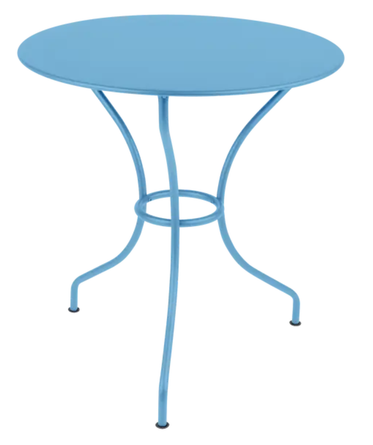 Load image into Gallery viewer, Fermob OPÉRA+ outdoor metal table in Maya Blue with 67 cm diameter, suitable for patio or outdoor dining settings.
