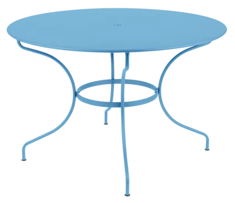 Load image into Gallery viewer, Fermob OPÉRA+ metal outdoor table in Maya Blue, 117 cm diameter, six-seater with sleek round design for patio or garden.
