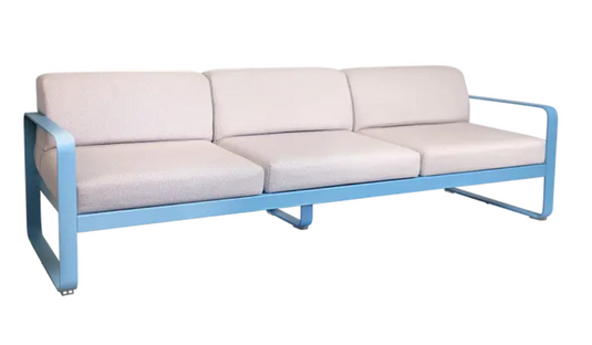 MayaBlue Pearl Fermob Bellevie 3-Seater outdoor sofa with metal frame, modern design, ideal for patio or garden seating.