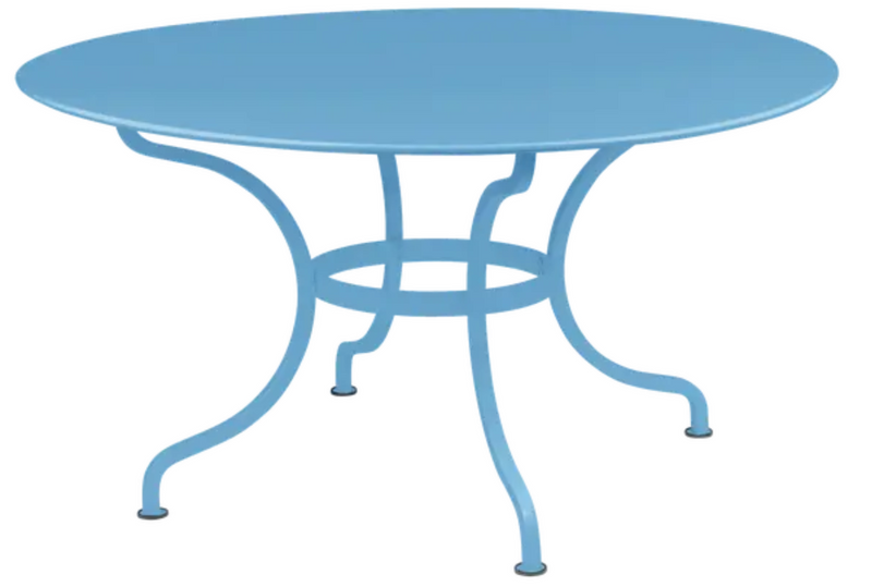Load image into Gallery viewer, Fermob Romane round table in Maya Blue with 137cm diameter, seating up to 8 guests, outdoor dining furniture.
