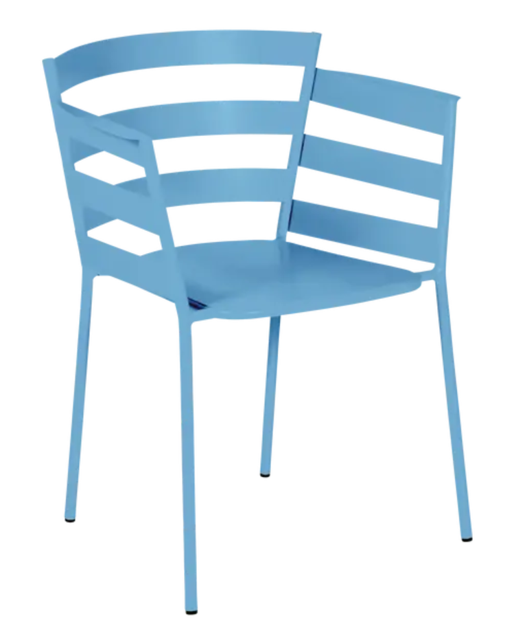 Load image into Gallery viewer, Fermob RYTHMIC outdoor armchair in Maya Blue with a modern, curved metal design perfect for outdoor seating.
