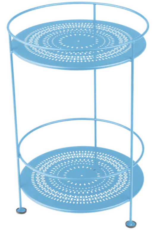Maya blue Fermob Guinguette side table with perforated double metal top, stylish outdoor furniture for patio or garden.