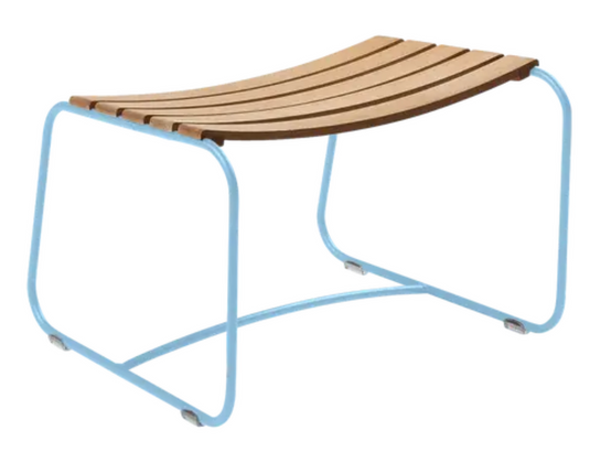 MayaBlue Fermob Surprising Teak Footrest with sleek wooden design, perfect for outdoor or indoor lounging.
