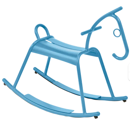 Fermob MayaBlue and white ADADA rocking horse toy for kids' restaurant furniture and waiting area, designed for children.