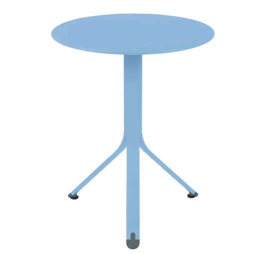 Fermob Rest'O Round folding outdoor table in Maya Blue, 60cm diameter, metal bistro style for outdoor dining or patio use