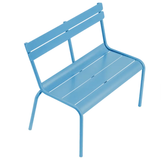 Maya blue Fermob Luxembourg Kid Bench, stylish kids' corner contract bench with smooth finish, ideal for restaurant or play areas.