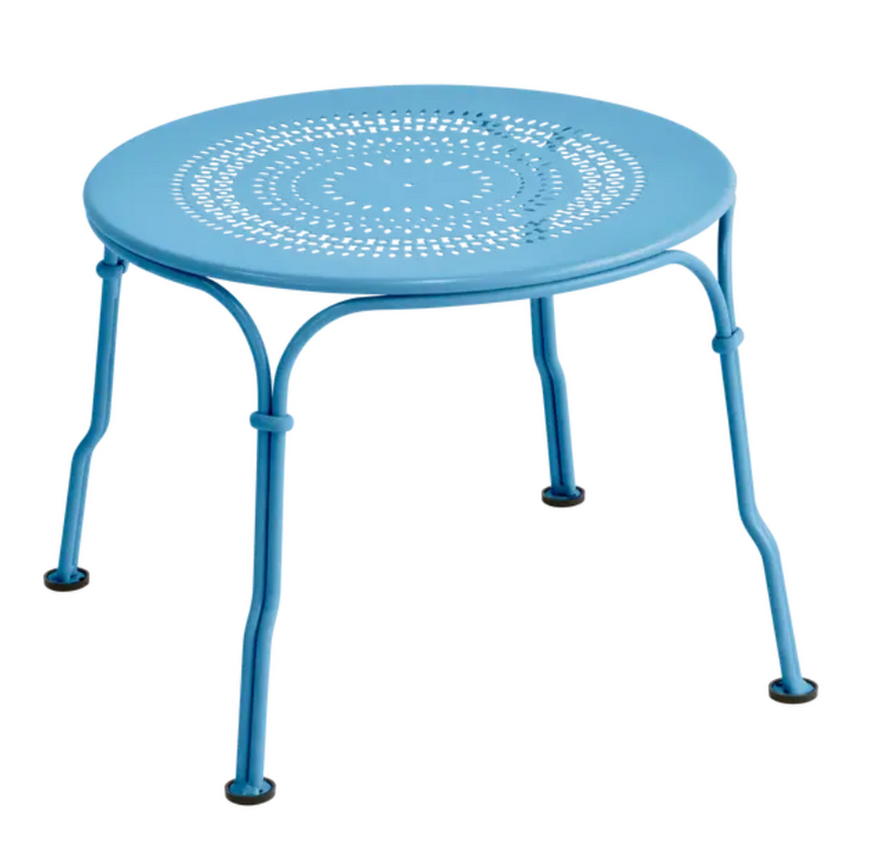 Load image into Gallery viewer, Fermob Maya Blue 1900 low table with a 45 cm diameter, metal furniture for indoor or outdoor use.
