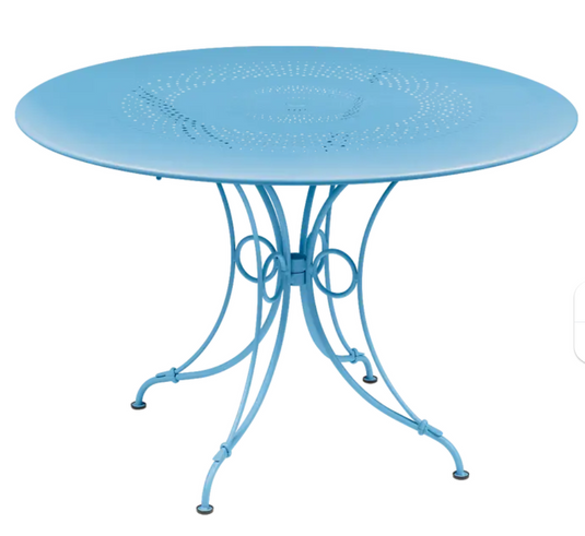 Fermob outdoor 1900 round blue table with 117cm diameter, stylish outdoor furniture for patio or garden.