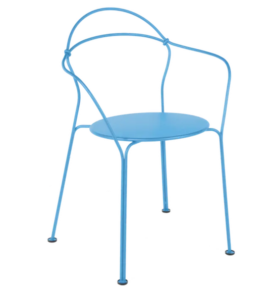 Fermob Airloop Lounge Chair with Maya Blue metal frame, outdoor furniture armchair, modern and stylish design.