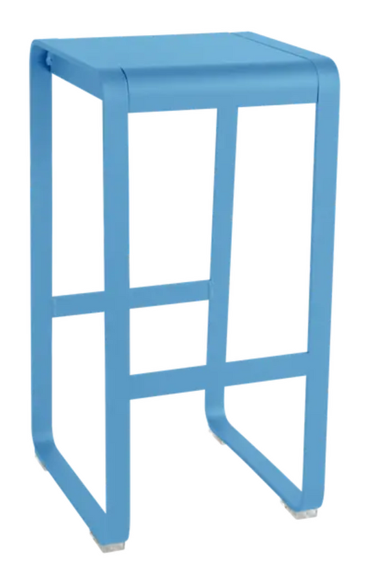 Fermob Bellevie high bar stool in vibrant Maya Blue, outdoor-friendly seating with sleek design and sturdy metal frame.