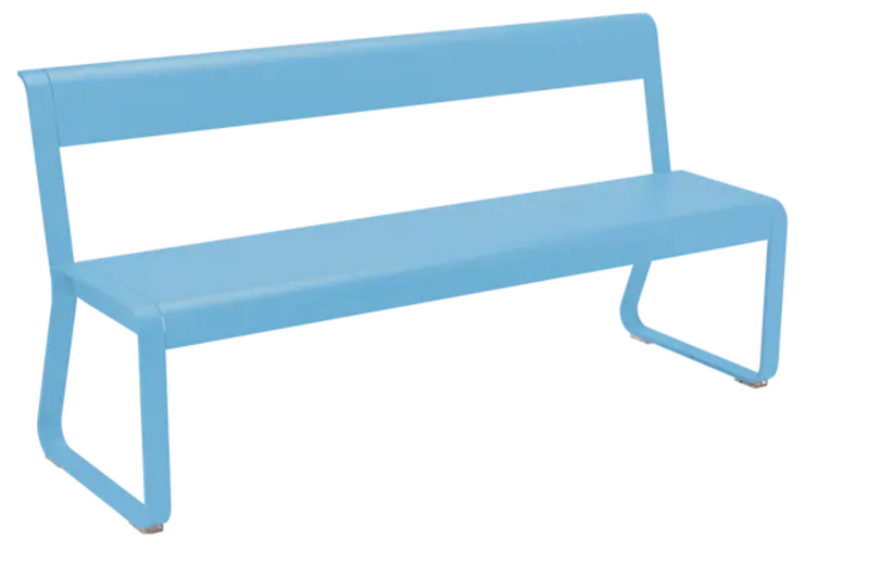 Load image into Gallery viewer, Fermob Bellevie outdoor bench with backrest in Maya Blue, metal powder-coated for durable garden or patio seating.
