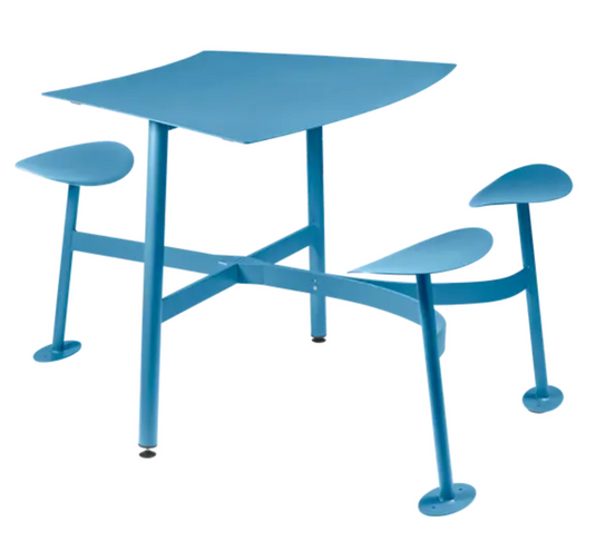 Fermob Bolder 3-seater bar stool in vibrant Maya Blue with sleek, modern design and smooth, rounded wooden seat.