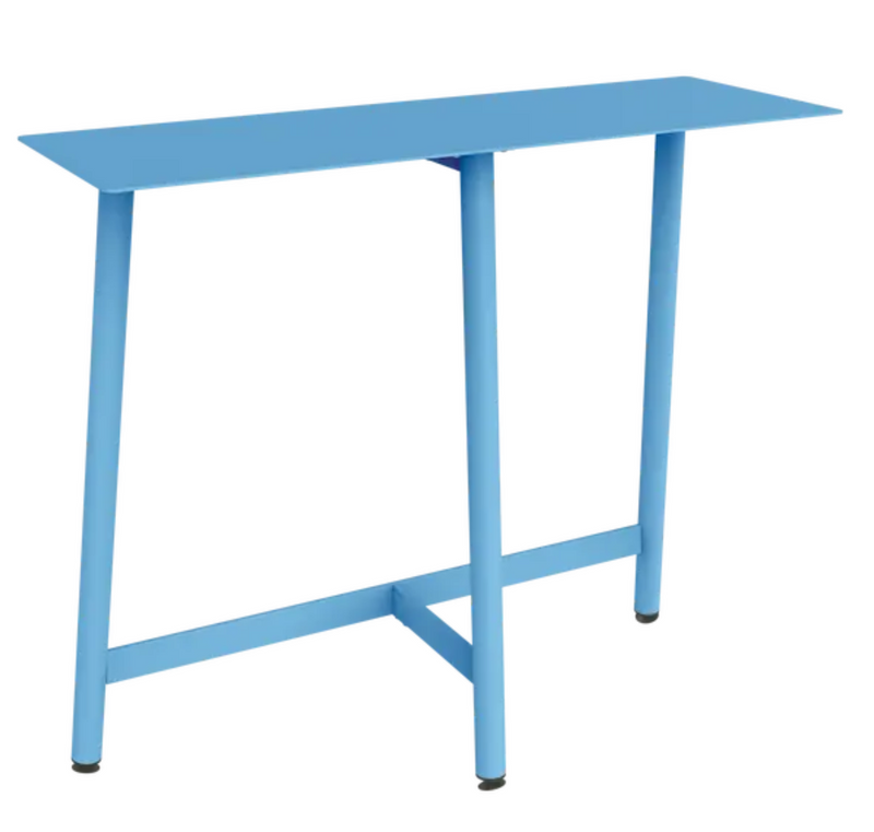 Load image into Gallery viewer, Fermob Maya Blue Bolder Counter bar table with metal surface, suitable for outdoor garden or restaurant setting.
