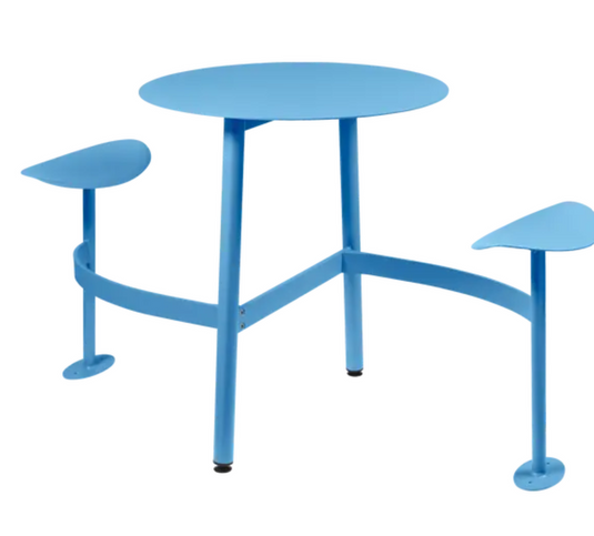 Fermob BOLDER 2-seater round outdoor table with integrated seating, blue metal garden furniture for patio or garden use.