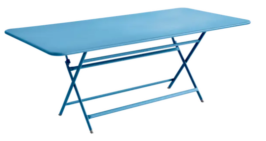 Blue Fermob Caractère foldable outdoor table, 190 x 90 cm, eight-seater, ideal for outdoor dining and gatherings.