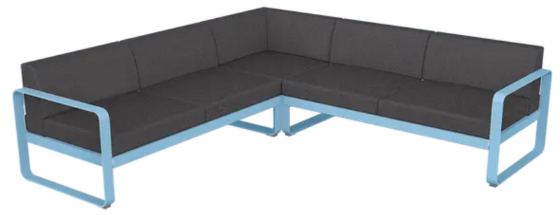 Load image into Gallery viewer, Fermob Bellevie Composition 2 outdoor lounge sofa set with Maya Blue, Graphite, and Grey cushions, modern modular design.

