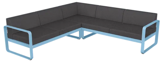 Fermob Bellevie Composition 2 outdoor lounge sofa set with Maya Blue, Graphite, and Grey cushions, modern modular design.