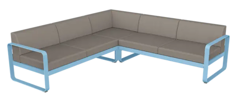 Load image into Gallery viewer, Fermob Bellevie modular outdoor sofa set in Maya Blue, grey, and taupe with plush cushions for stylish outdoor lounging.
