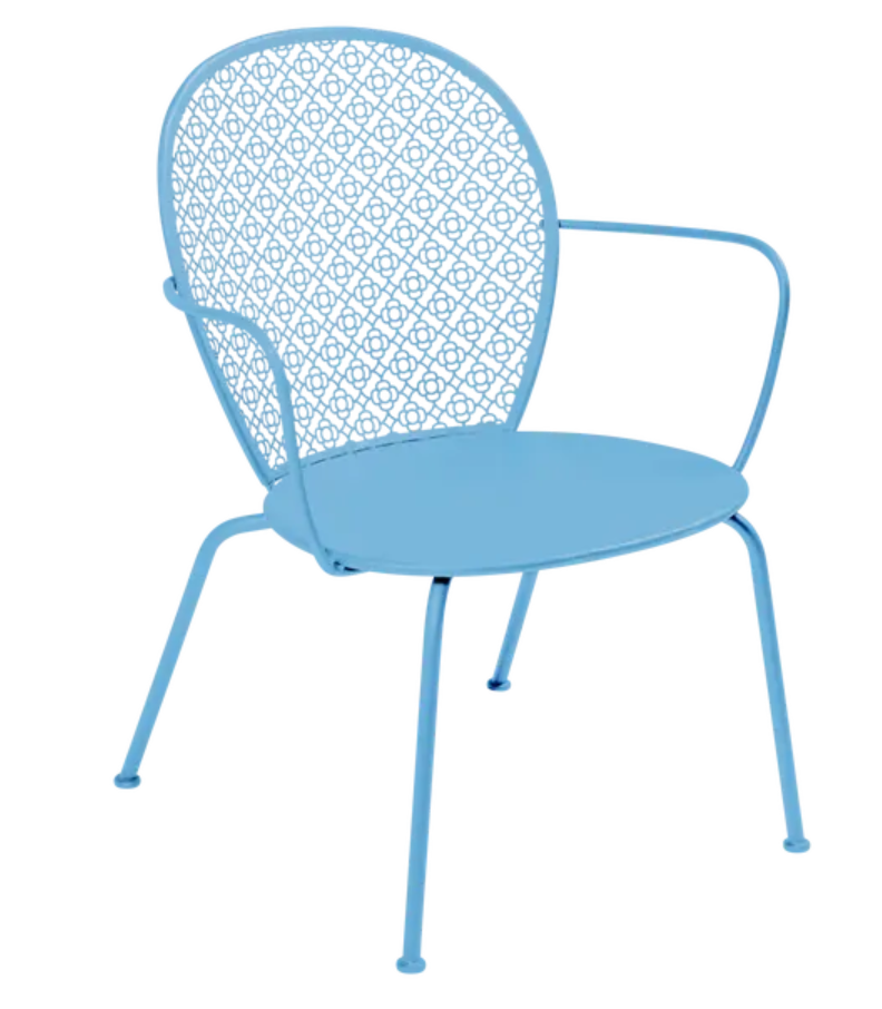 Load image into Gallery viewer, Maya Blue Fermob Lorette low armchair with metal frame and woven seat, outdoor furniture for stylish patio relaxation.
