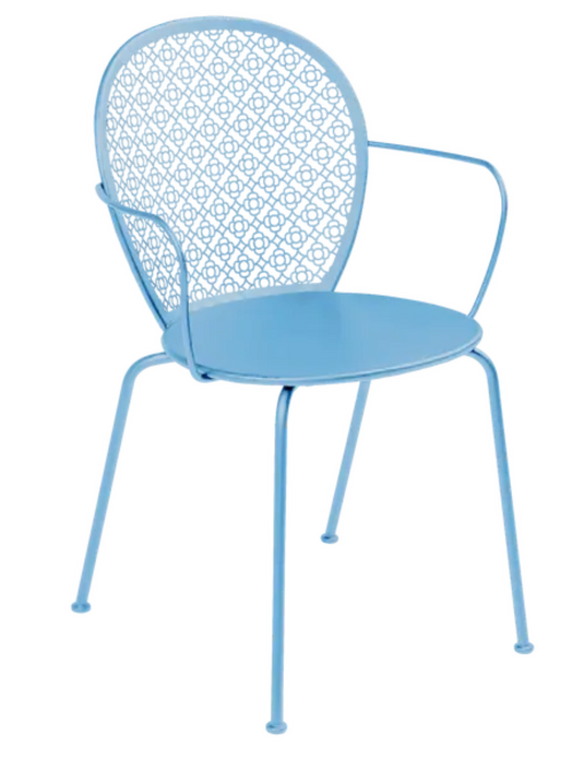 Maya Blue Fermob Lorette outdoor metal armchair with sleek design and curved armrests, ideal for garden or patio seating.