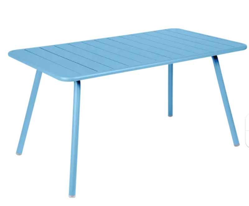 Load image into Gallery viewer, Fermob Luxembourg outdoor bar table in Maya Blue, 143x80 cm, made of durable patio furniture material.
