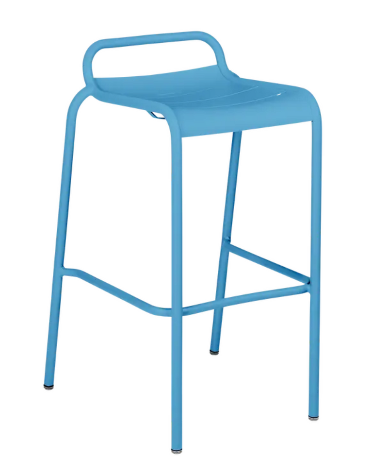 Load image into Gallery viewer, Fermob Luxembourg blue outdoor bar stool with sleek design, ideal for restaurant or home patio dining.
