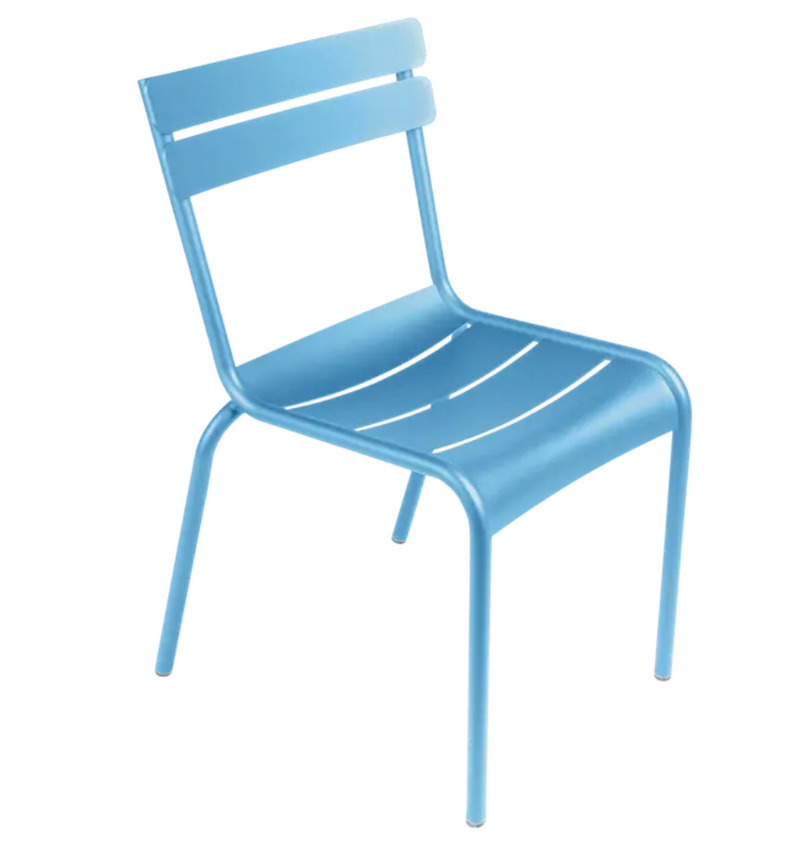 Load image into Gallery viewer, Fermob Luxembourg armchair in Maya Blue, stackable metal chair with a modern design, ideal for indoor and outdoor seating.
