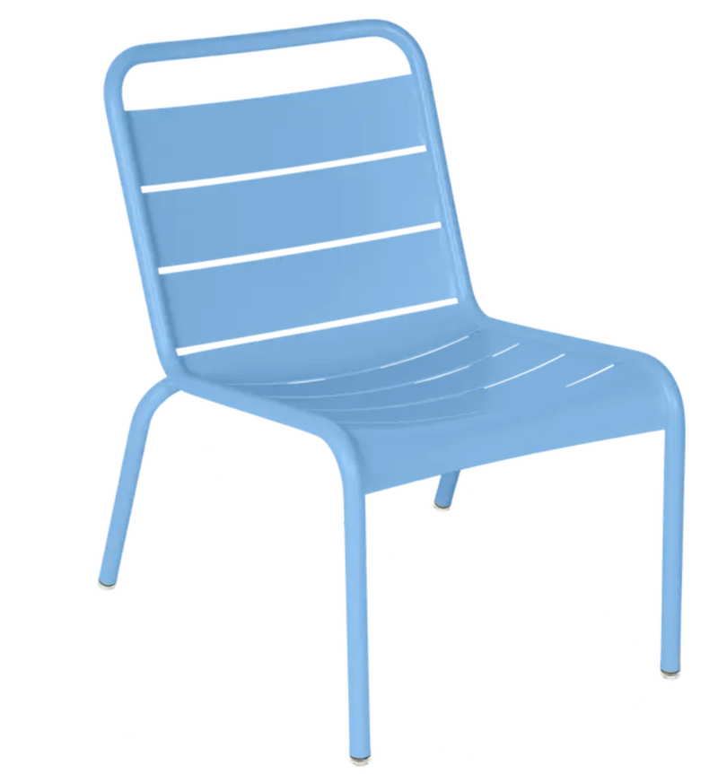 Load image into Gallery viewer, Maya Blue Fermob Luxembourg Lounge Chair made of metal, designed for outdoor use, with a stylish and comfortable seating appearance.
