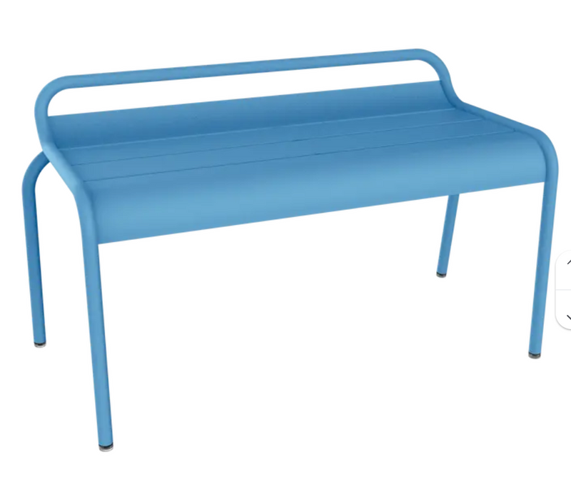 Load image into Gallery viewer, Maya Blue Fermob Luxembourg stackable outdoor bench, 90 cm, metal design with a sturdy, modern look for outdoor seating.
