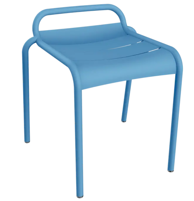 Load image into Gallery viewer, Maya Blue Fermob Luxembourg outdoor dining stool with a sleek, modern design suitable for patio or garden seating.
