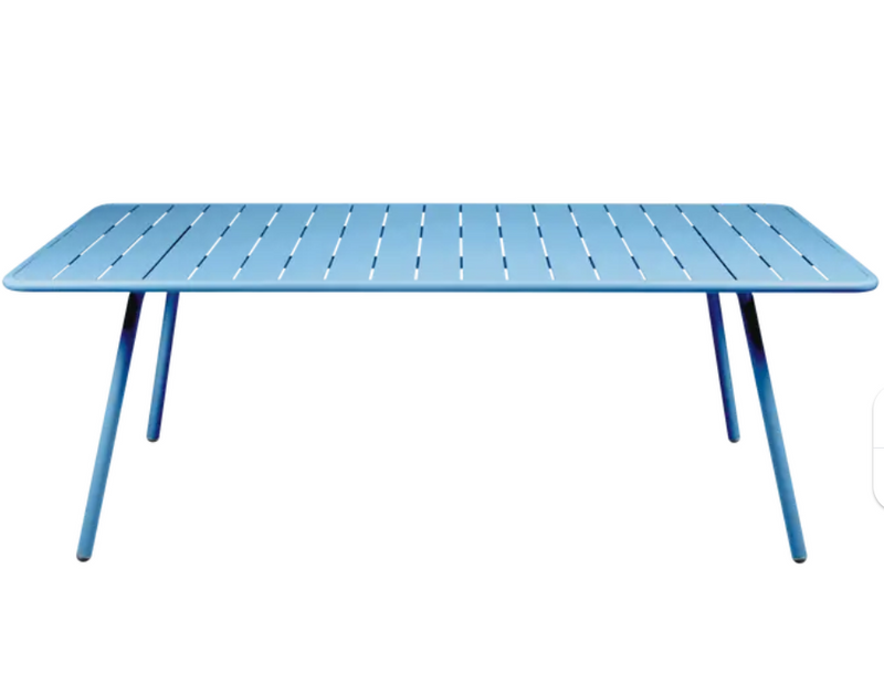 Load image into Gallery viewer, Fermob Luxembourg outdoor table in Maya Blue, 207x100 cm, made of durable outdoor furniture material, suitable for garden or patio.

