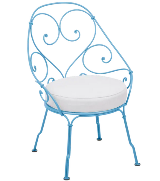 Fermob Maya Blue Cabriolet outdoor armchair with metal frame and off-white cushions, stylish outdoor furniture for patio or garden.