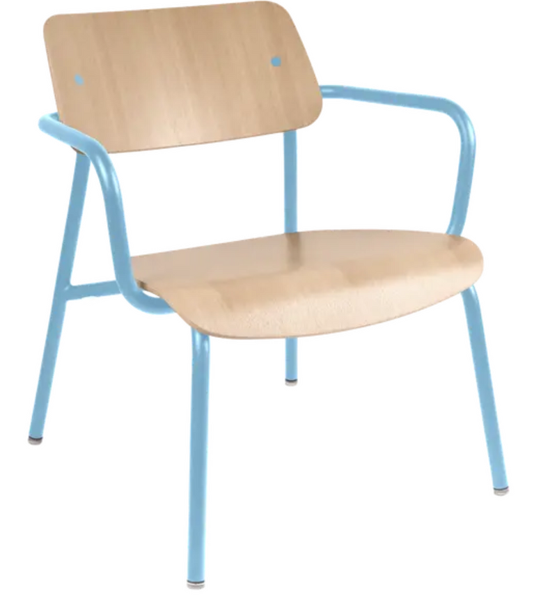 Load image into Gallery viewer, Maya Blue Fermob Studie Oak Lounge Armchair with metal frame, showcasing a stylish, modern office furniture design.
