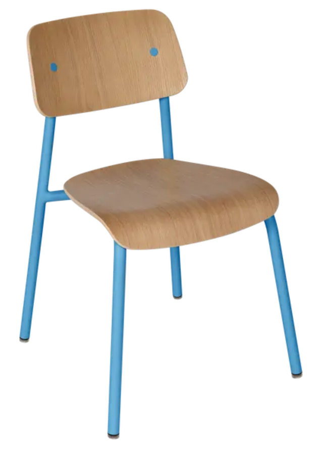 Fermob Maya Blue Studie Oak Chair showing a sleek wooden chair with blue finish, ideal for office, restaurant, or home use.
