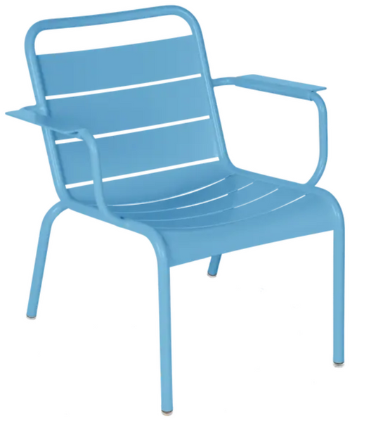 Maya Blue and White Fermob Luxembourg garden armchair lounge with woven design and curved armrests, suitable for outdoor seating.
