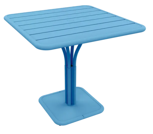 Maya Blue and White Fermob Luxembourg outdoor pedestal table, 80x80 cm, featuring a stylish, weather-resistant design for outdoor spaces.