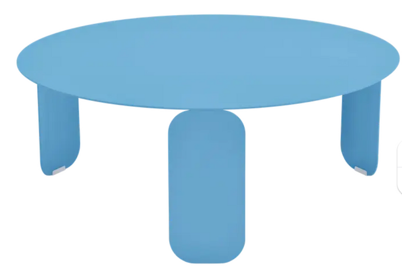 Load image into Gallery viewer, Fermob Bebop low outdoor table, round Maya Blue with 80cm diameter, anthracite finish, suitable for patio or garden seating areas.
