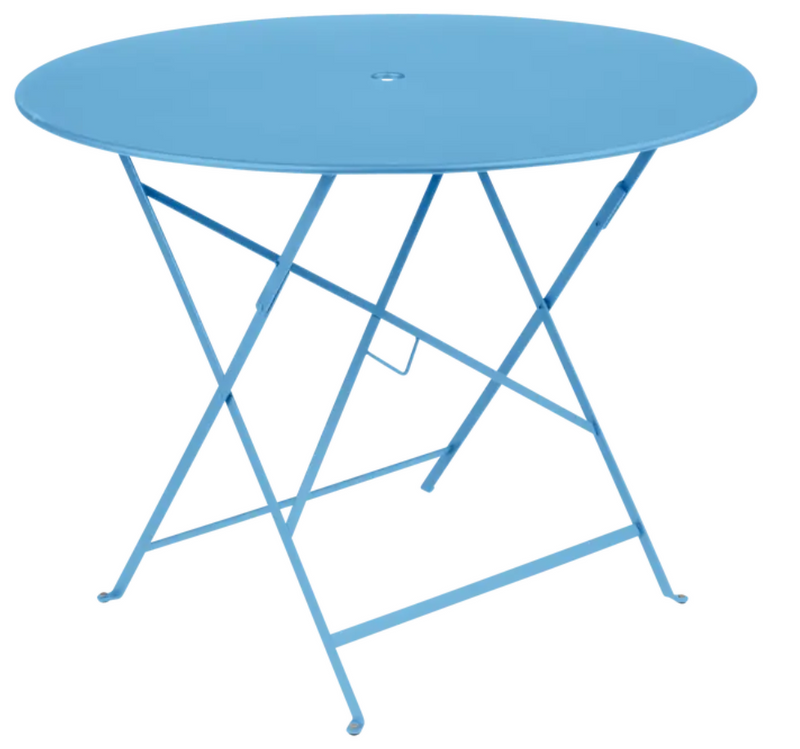 Load image into Gallery viewer, Bright blue Fermob round bistro table with a 96cm diameter, featuring a metal surface and central parasol hole for outdoor dining.
