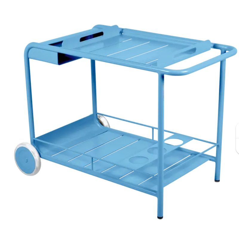 Load image into Gallery viewer, Fermob Luxembourg side bar trolley with Maya Blue finish, featuring wheels for easy transport, ideal for restaurant terrace drinks service

