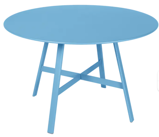 Fermob SO'O oval oak table with 117cm diameter, featuring a blue finish, suitable for restaurant or hotel settings.