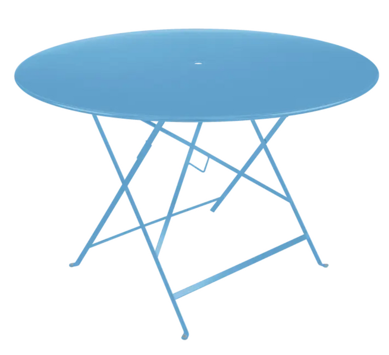 Load image into Gallery viewer, Fermob Maya Blue round outdoor bistro table, 117cm diameter, six-seater metal dining table for patio or garden.
