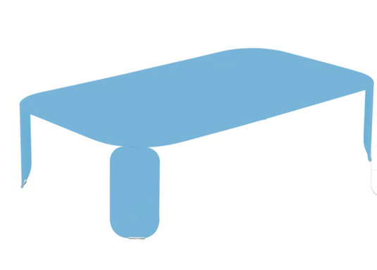 Blue Fermob Bebop low outdoor table, 120x70 cm with 42 cm height, featuring a sleek modern design for outdoor furniture.