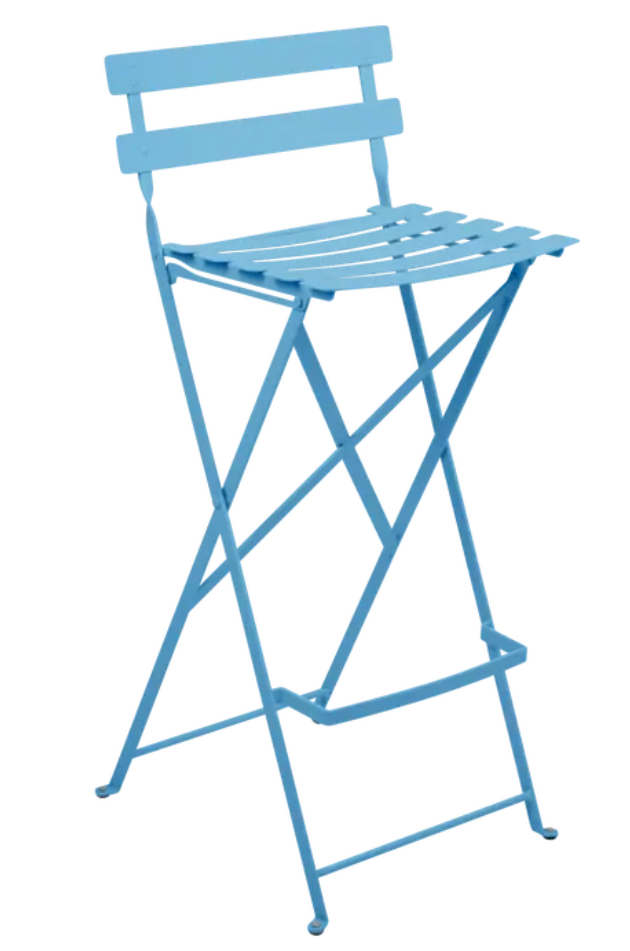 Load image into Gallery viewer, Fermob Bistro High Stool in blue, foldable bar stool made of outdoor-friendly material, suitable for patio or garden seating.
