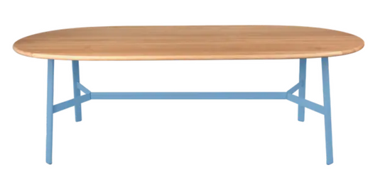 Fermob SO'O Oval Oak Table, 220x95 cm, solid wood, blue Maya hue, 8-seater dining table for modern kitchen or dining room.