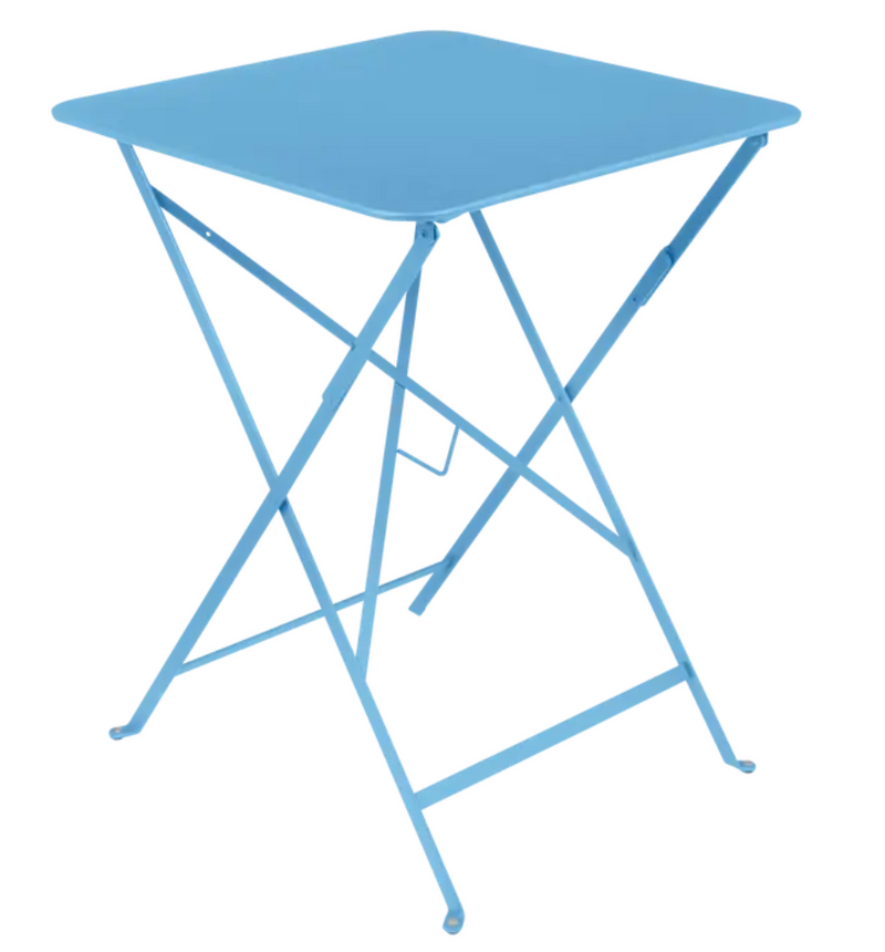 Load image into Gallery viewer, Fermob Maya Blue foldable metal bistro table 57x57 inches, outdoor cafe table with a sleek, modern design.
