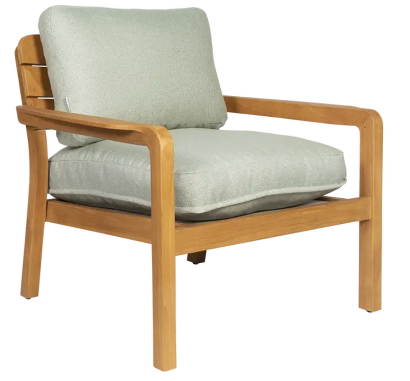 Load image into Gallery viewer, Meadow green Fermob Lodge low armchair with teak frame, outdoor teak armchair for hotel terrace seating on a sunny patio.
