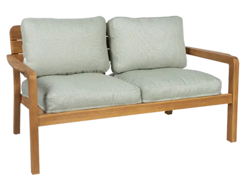 Load image into Gallery viewer, Meadow green Lodge solid teak 2-seater outdoor sofa by Vlaemynck with plush cushions, suitable for garden or patio seating.
