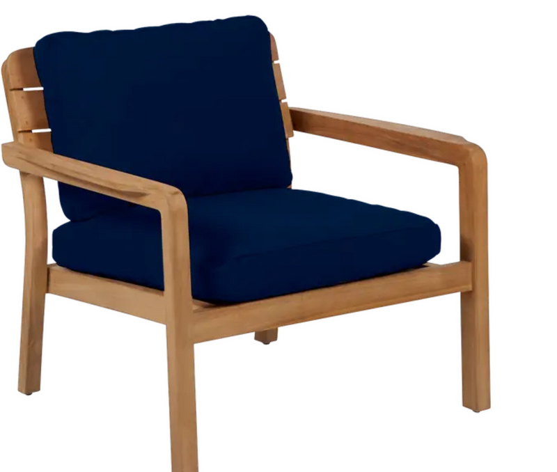 Load image into Gallery viewer, Midnight blue Fermob Lodge outdoor teak armchair with low arms, suitable for hotel terrace seating.

