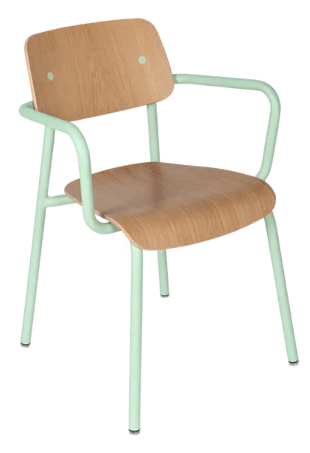 Load image into Gallery viewer, Mint blue Fermob Studie Oak outdoor armchair with wooden armrests, suitable for garden or patio seating.
